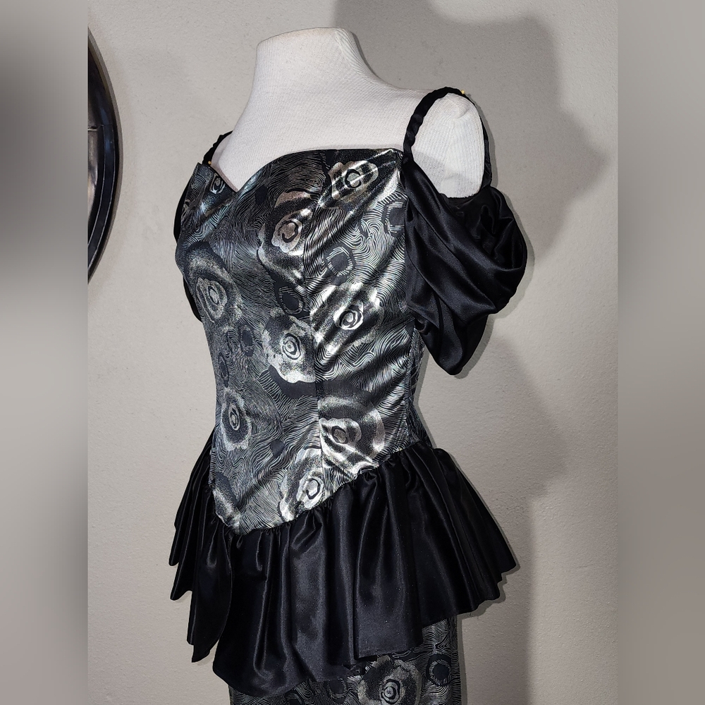 Vintage Dress 1980s Shiny Semi Sheer Floral Accent Silver Size - Picture 6 of 12